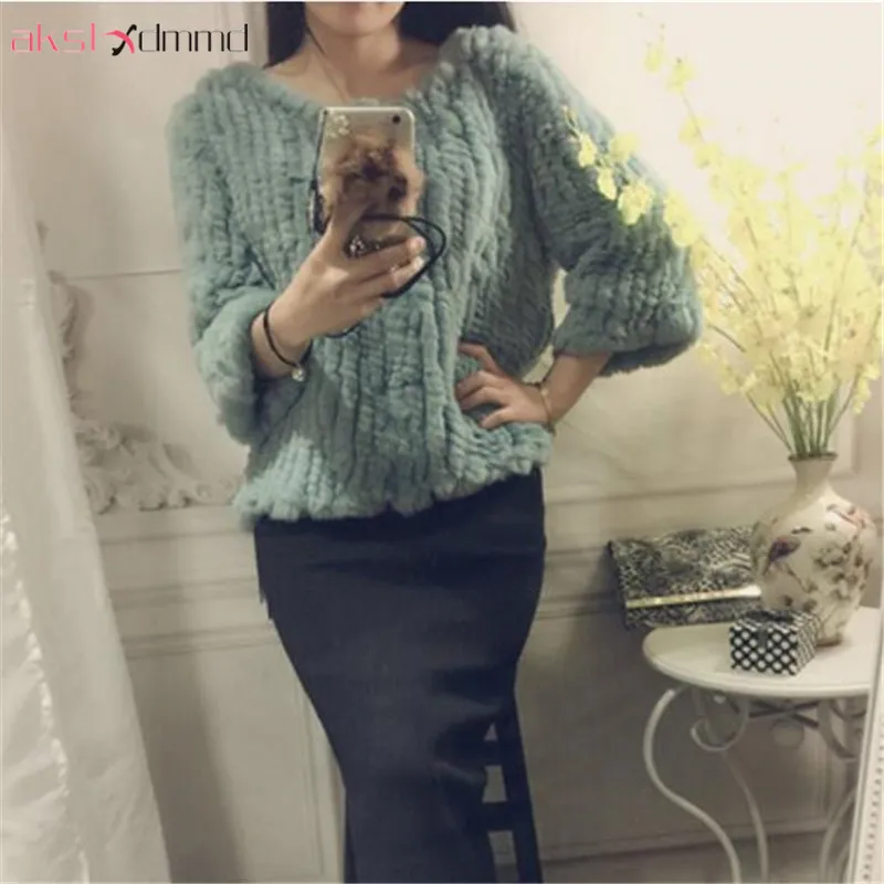 

AKSLXDMMD Fashion Women Autumn Winter Short Knitted O-Neck Rabbit Fur Jacket 2019 New Rex Rabbit Real Fur Coat LH1236