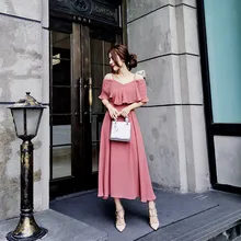 Новинка лета, женское элегантное шифоновое платье с открытыми плечами, женское длинное платье с высокой талией и рукавом-бабочкой, женское сексуальное красное платье