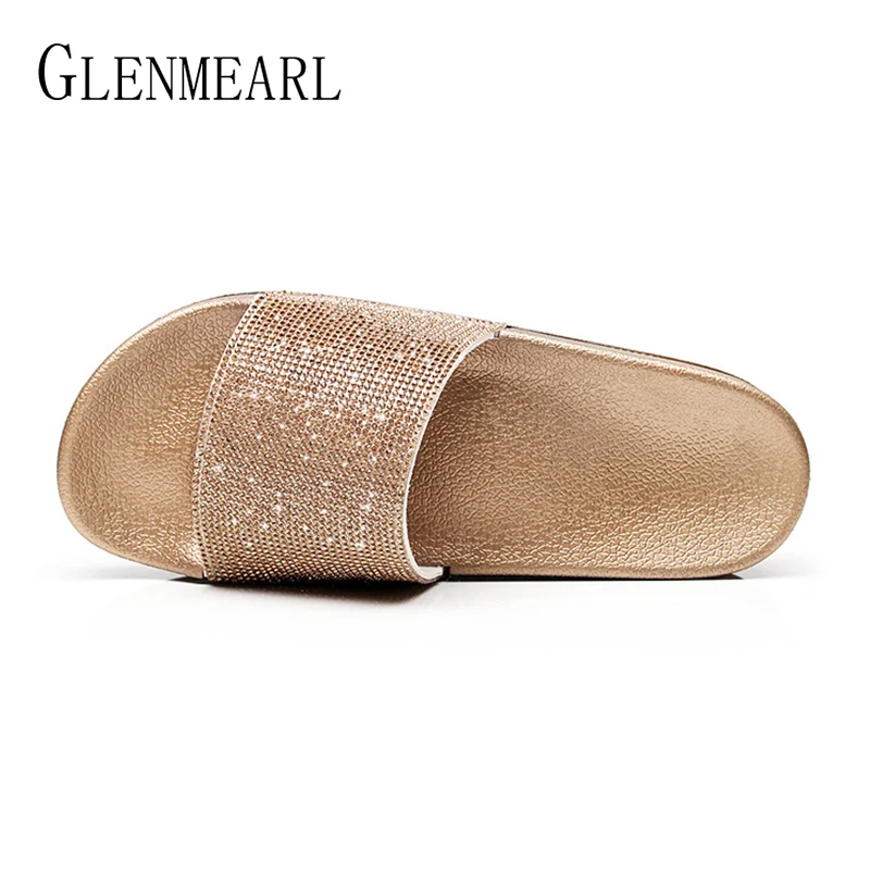 Fashion Women Slippers Crystal Flat Heel Summer Shoes Female Indoor Outside Bling Beach Slides Open Toe Rhinestone Ladies Shoe