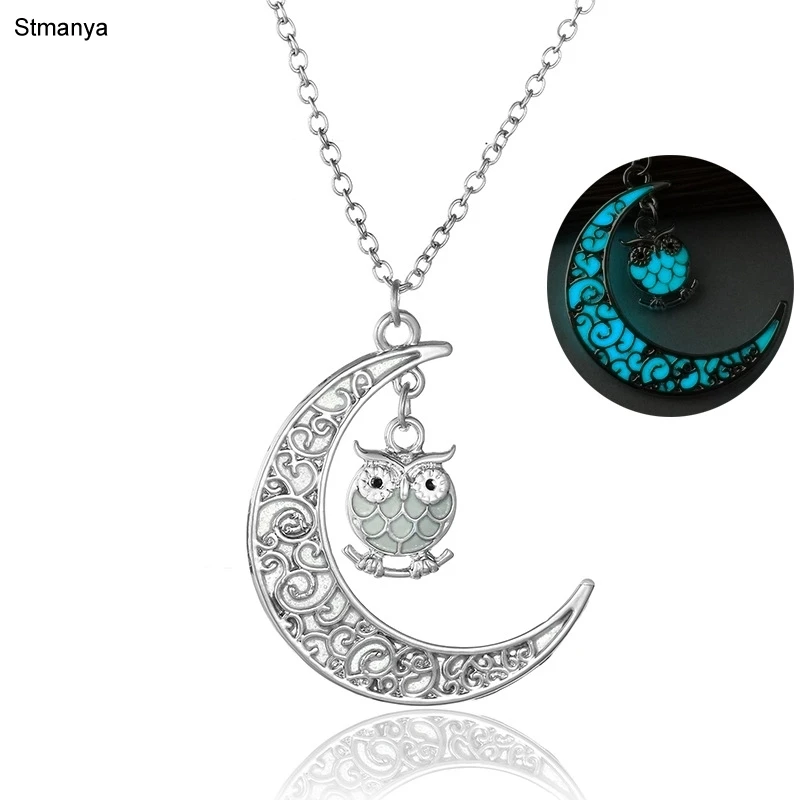 

New Fashion Glowing Stone owl Necklace Jewelry Hollow Water Drop Glowing Pendant Glow In The Dark Silver Color Necklace N1129