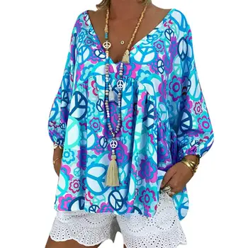 

Summer Women Floral Print V Neck Long Sleeve Causal Loose T Shirt Pullover Top Wholesale