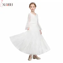 Платья с длинными расклешенными рукавами и кружевными цветами для девочек, платья в пол для причастия, платья для выпускного вечера primera comunion