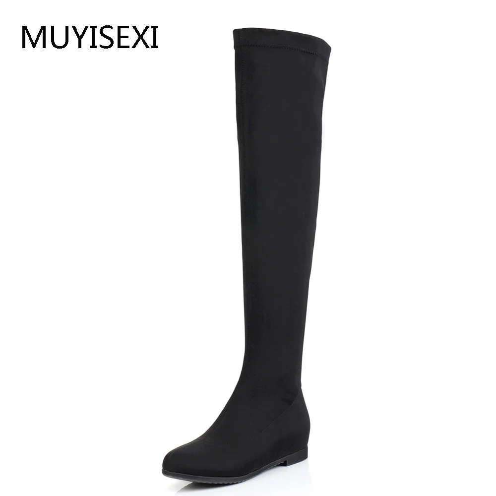 

Over the Knee High Boots Black Elastic Tube Flat Height increase Thigh High Boots Women Winter Shoes plus size YJN09 MUYISEXI