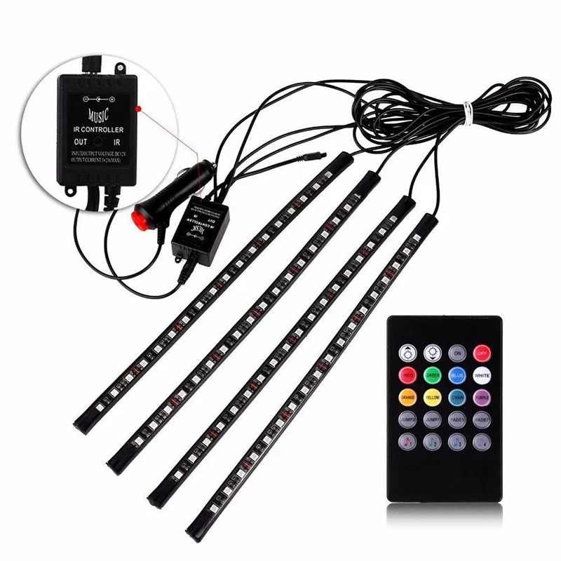 4pcs/set 18LED RGB Car Interior Neon Atmosphere Strip Light Sound Remote Control