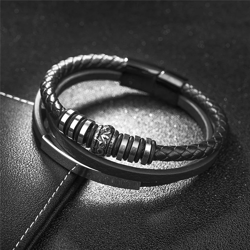 OBSEDE браслеты из натуральной кожи в стиле панк, черный и коричневый цвета, цепочка из нержавеющей стали, магнитная застежка, бусины, подвески, дизайн, крутые подарки