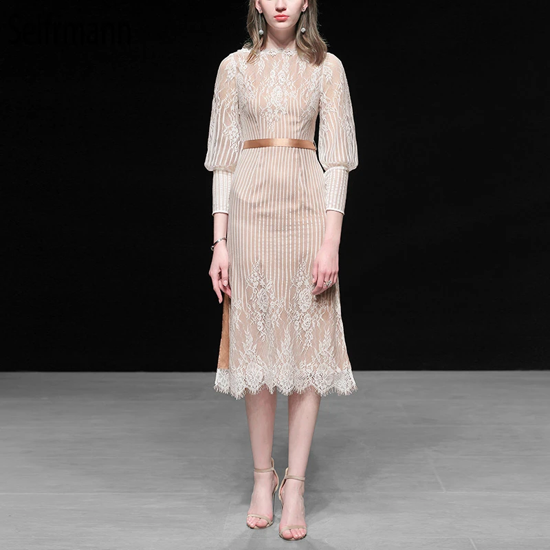 

Seifrmann New 2019 Women Spring Summer Dress Runway Fashion Designer Lantern Sleeve Lace Hollow Out Embroidery Elegant Dresses