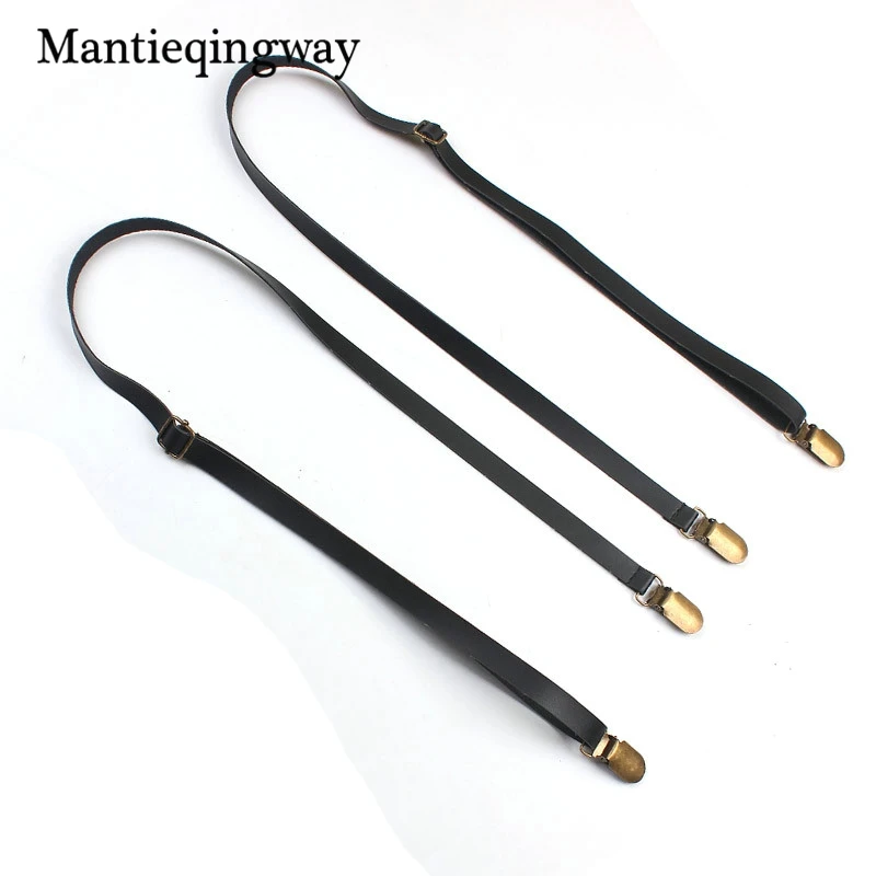 

Mantieqingway Mens Suspenders Straps for Unisex No Cross Straps Women Skinny Pu Leather 4 Clips Suspender Pants Belts