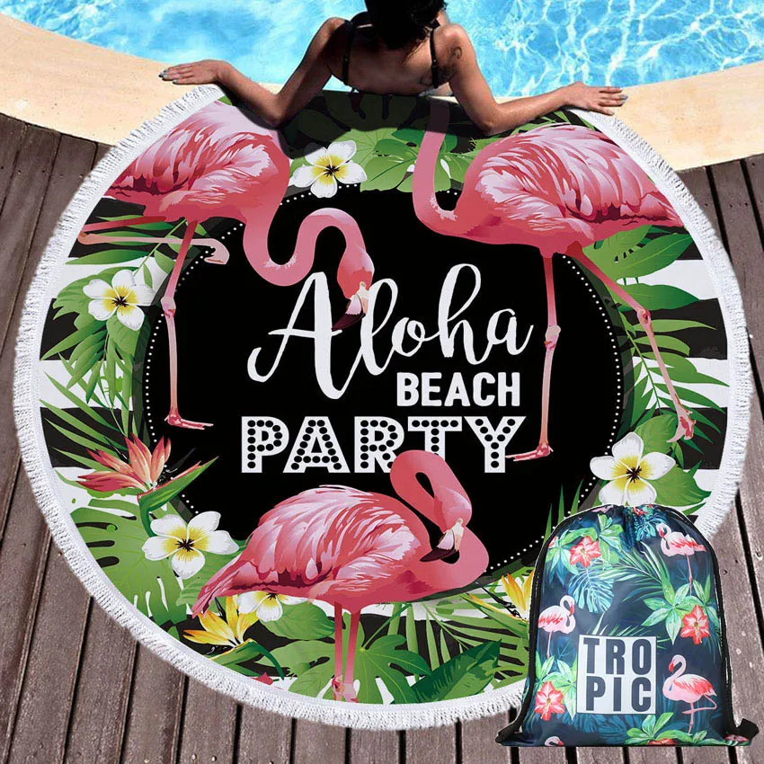 

Floral Flamingo Summer Round Beach Towel Bath Shower Towels with Drawstring Backpack Bag Mat Bikini Cover Up serviette de plage