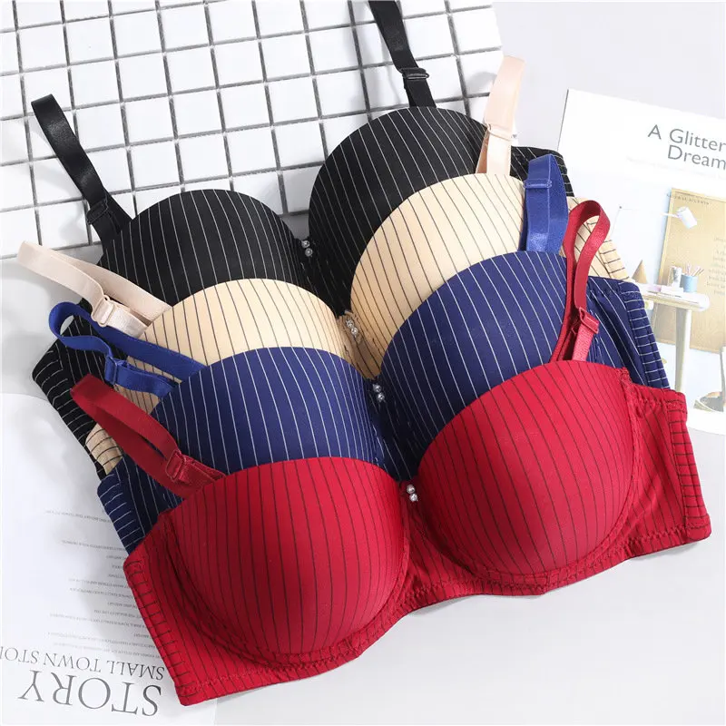 

New Seamless Bras Brassiere Women Casual Thin Cup Striped Adjustable Underwire Beading Underwear Ladies Super Push Up Bras