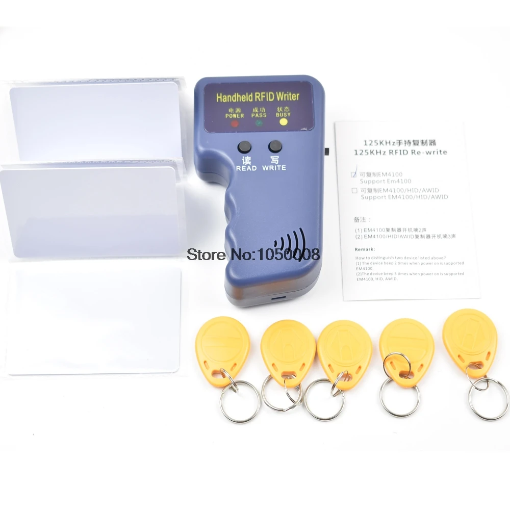 

Handheld 125KHz RFID Copier Writer Duplicator Programmer Reader+5 Pcs EM4305 T5577 Rewritable Keyfobs Tags +5pcs T5577 card