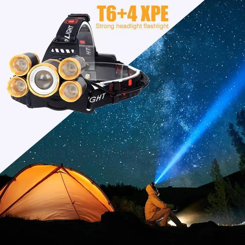 T6+4 XPE 2400LM Zoomable Searchlight USB Charging Outdoor 5 LEDs Head Lamp use 2 x 18650 lithium ion battery