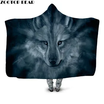 

Wolf 3D Print Wearable Hooded Blanket fashion Travel Animal Bedding Fleece Throw Blanket Home Office Plush Blanket Adult