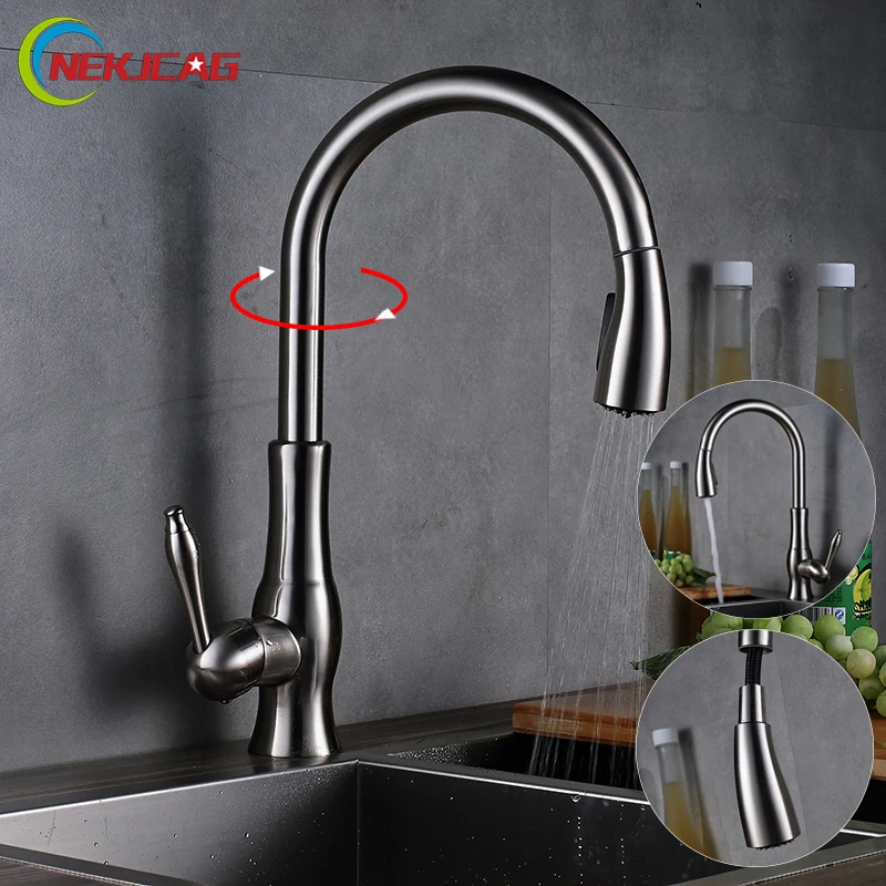 

Kitchen Faucets Brushed Nickel Single Handle 360 Degree Rotation Hot and cold Pull Out water tap