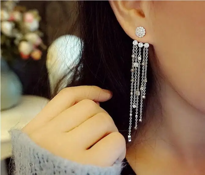 

White Gold Color Top Quality Crystal Cubic Zirconia Tassel Drop Earrings Big Statement Earring Hot Long Jacket Jewelry for Women