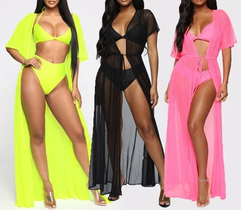 

Summer Women Chiffion Bikini Cover Up Cardigan Swimwear Beach Bathing Long Dress See-Through Bandage Closed Swimsuit