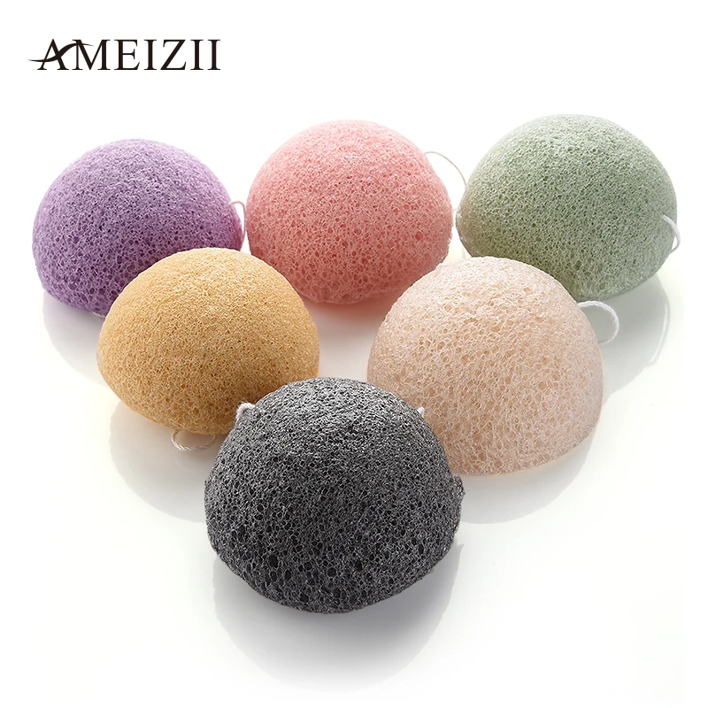 AMEIZII, 6 цветов, натуральный коньяк Конняку, пуховка для лица, очищающая, моющая губка для отшелушивания очищающий спонж, очищающее средство для лица