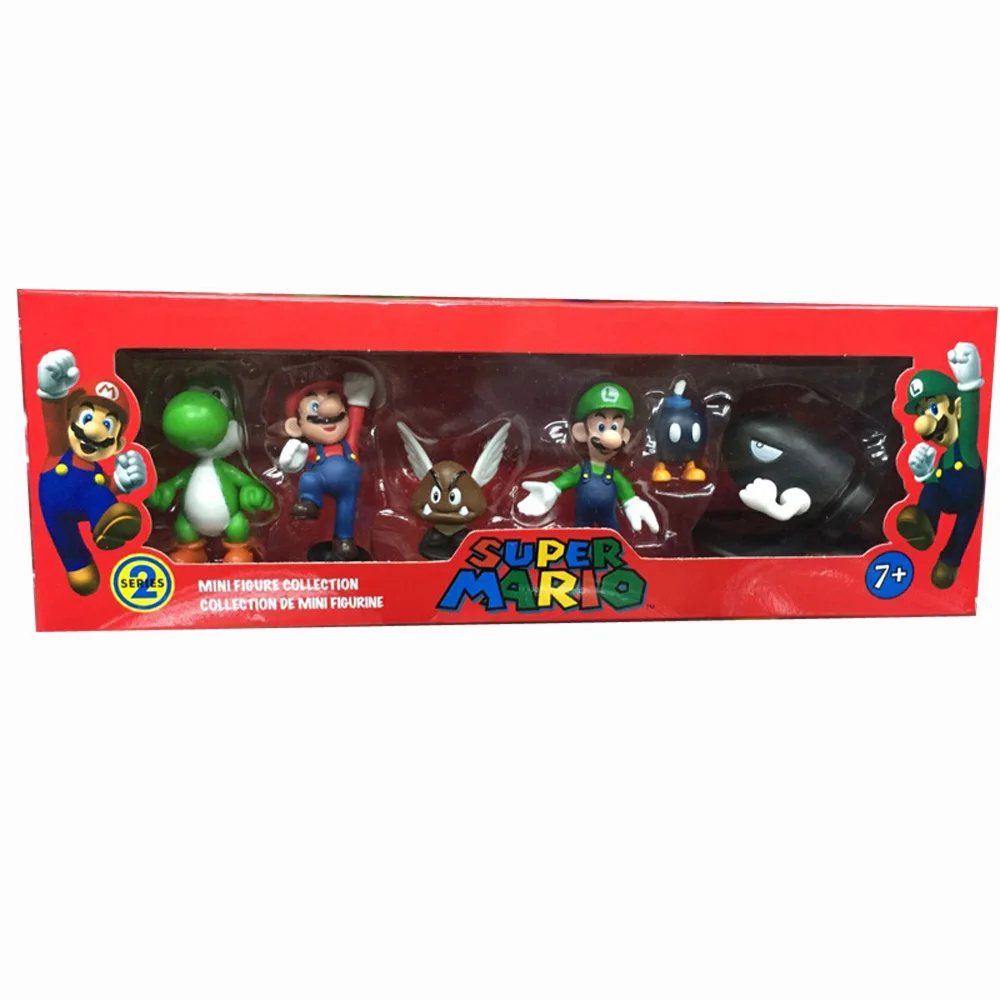 2018 6pcs/lot Super Mario Bros waluigi green dragon figures set with box super mario series 3 bros action figurines party Toy