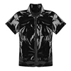 YiZYiF Black Shiny t shirt Unisex Metallic Hipster PVC Leather tshirt Sexy Stand Collar Short Sleeves Front Zip Up T-shirt Tops ► Photo 3/6