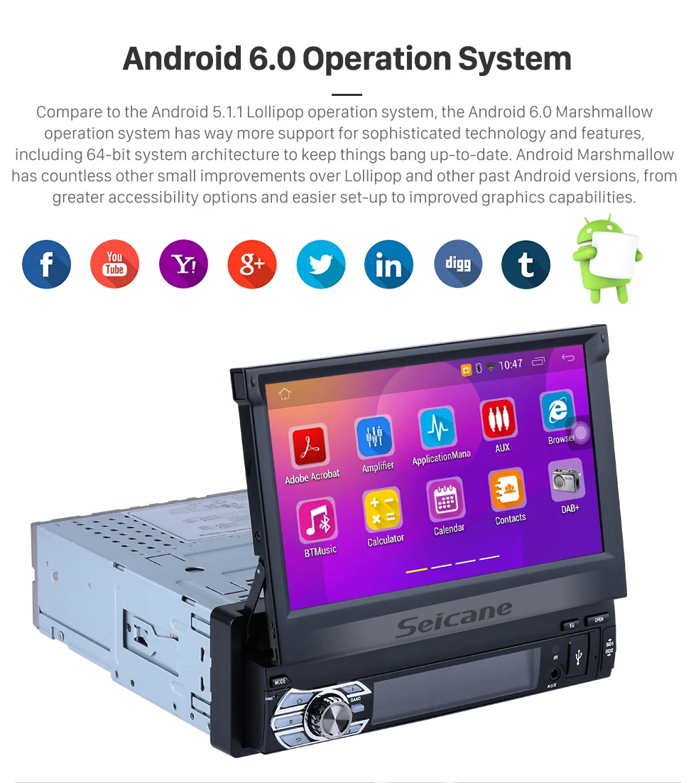Sale Seicane Android 6.0 7inch 1Din Car Stereo Audio CD DVD Player Radio HD Tochscreen GPS Navigation System 6