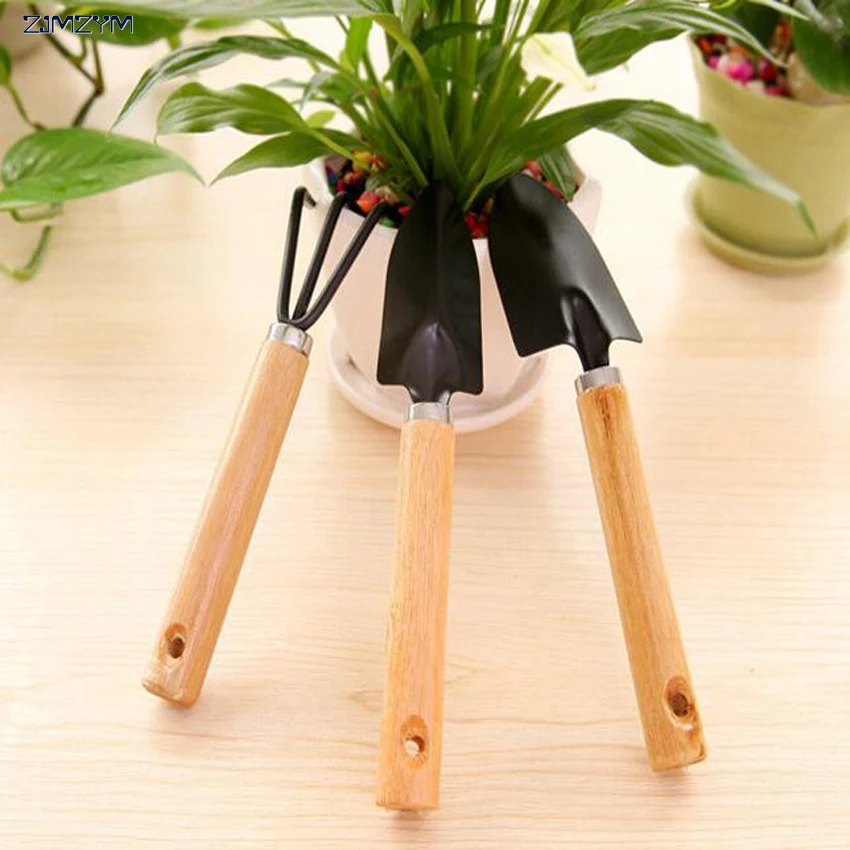 ot sale 3PC/set Mini Garden Hand Tool Kit Plant Gardening Shovel Spade Rake with Wood Handle Metal Head for Gardener 