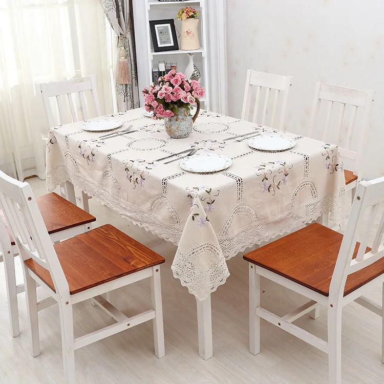  Cotton Linen Classica Tablecloth Hand Crocheted Embroidered Lace Hem European Style Cover Washable 