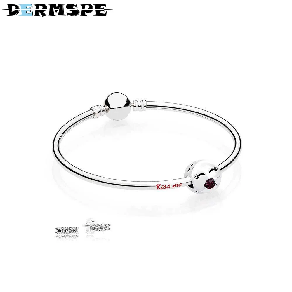 

DERMSPE 100% 925 Sterling Silver Kiss Me Bangle Gift Set Clear CZ Fit DIY Original Charm Jewelry Woman Holiday 590713