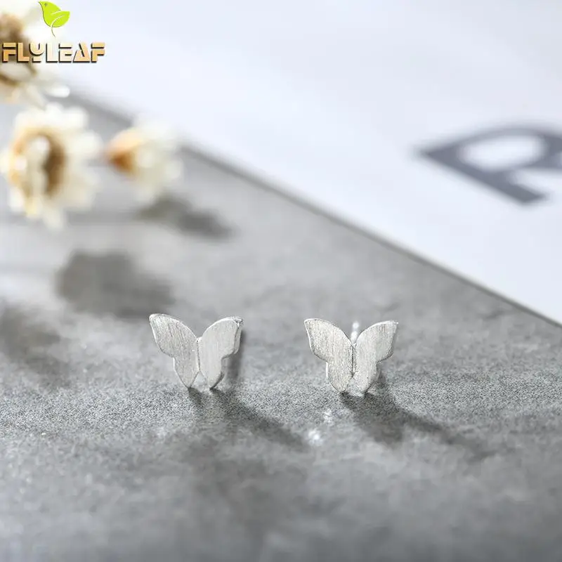 

100% 925 Sterling Silver Stud Earrings Prevent Allergy Brushed Butterfly Cute Simple Flyleaf Earings Fashion Jewelry For Women