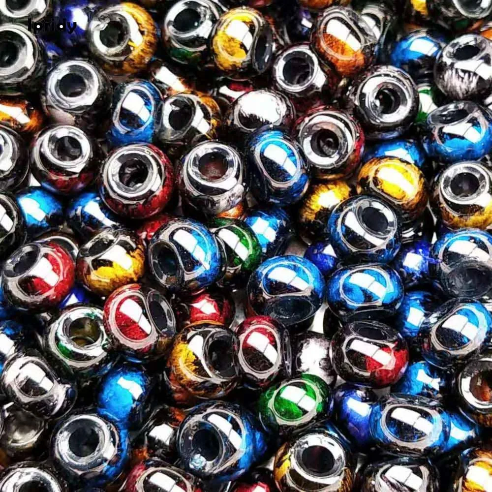 

100Pcs/lot Black background 8mm Large Hole Glass European Beads Rondelle with No Brass Core fit Bracelet Necklace Spacer Beads