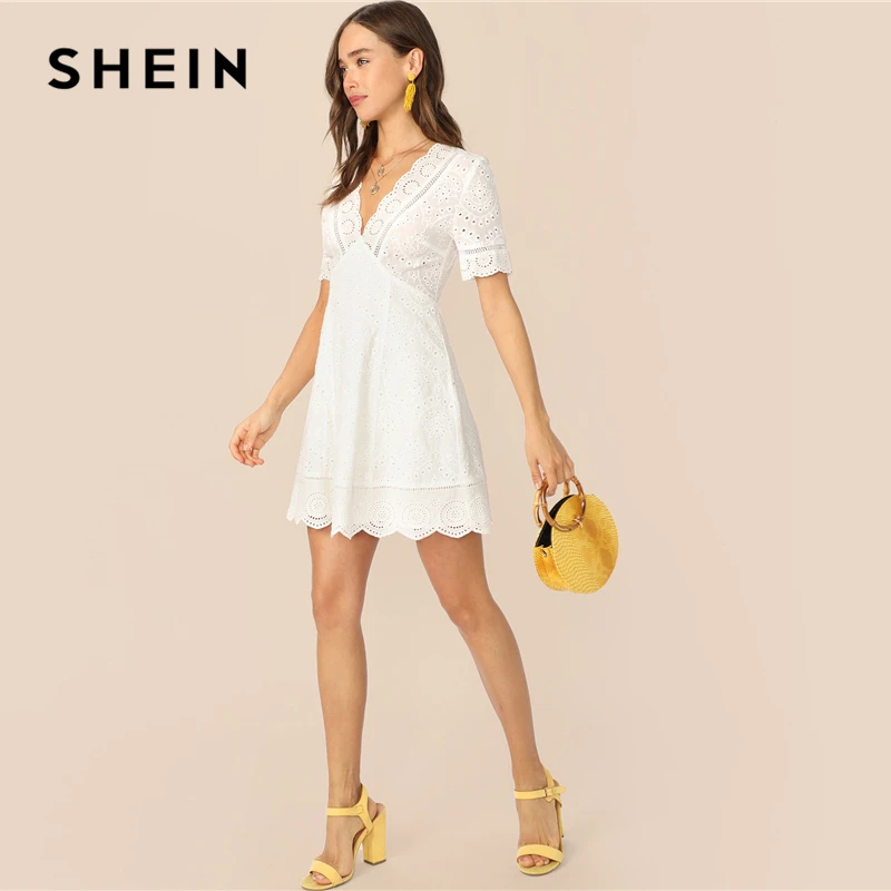 SHEIN Платье С Глубоким Вырезом И Фестончатым Краем Бохо Летнее Платье Женские Элегантные Кружевные Платья