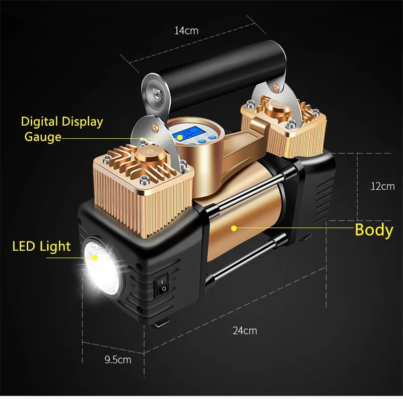Автомобильный шиномонтажный портативный металлический Автомобильный Электрический насос воздушный компрессор двойной цилиндр цифровой воздушный компрессор