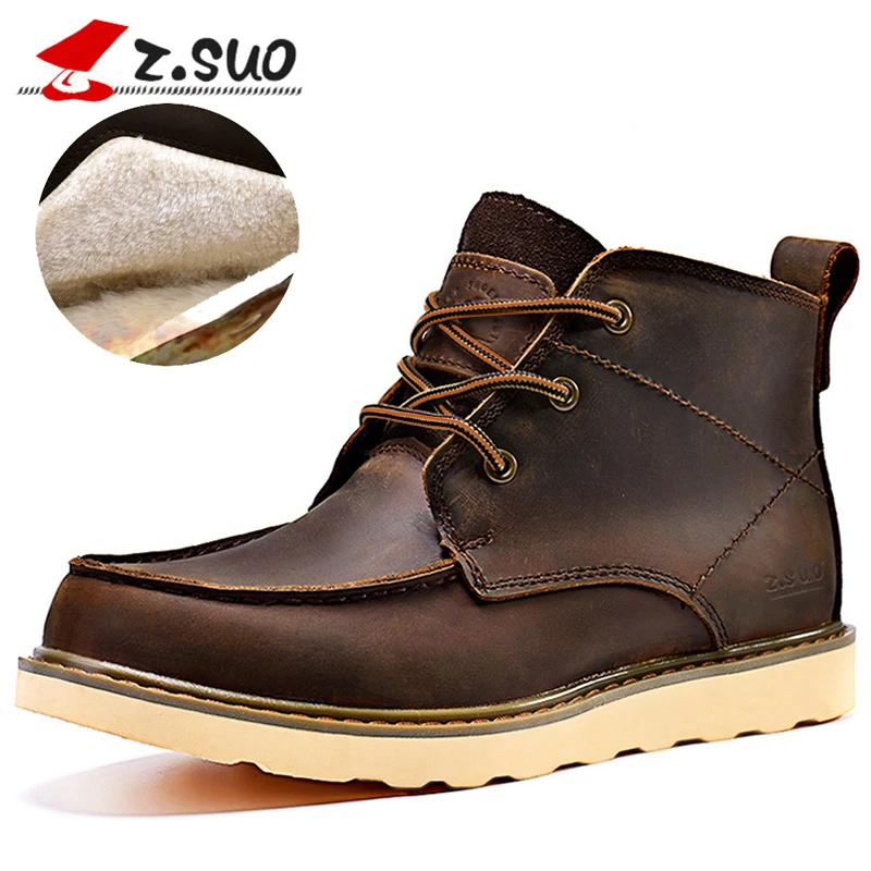 

Z.Suo Genuine Leather Plush Men Boots Top Quality Lace Up Winter Shoes Men Botas Hombre Warm Fur Mens Ankle Boots Big Size 38-45