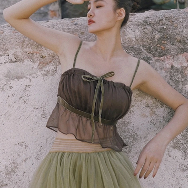 Spilt Type Skirt 2018 Prairie Chic Voile Camping Elastic Bow Splice Color Mid-Calf Ball Gown Dreamy Classical Ballet Dress Women's Sets