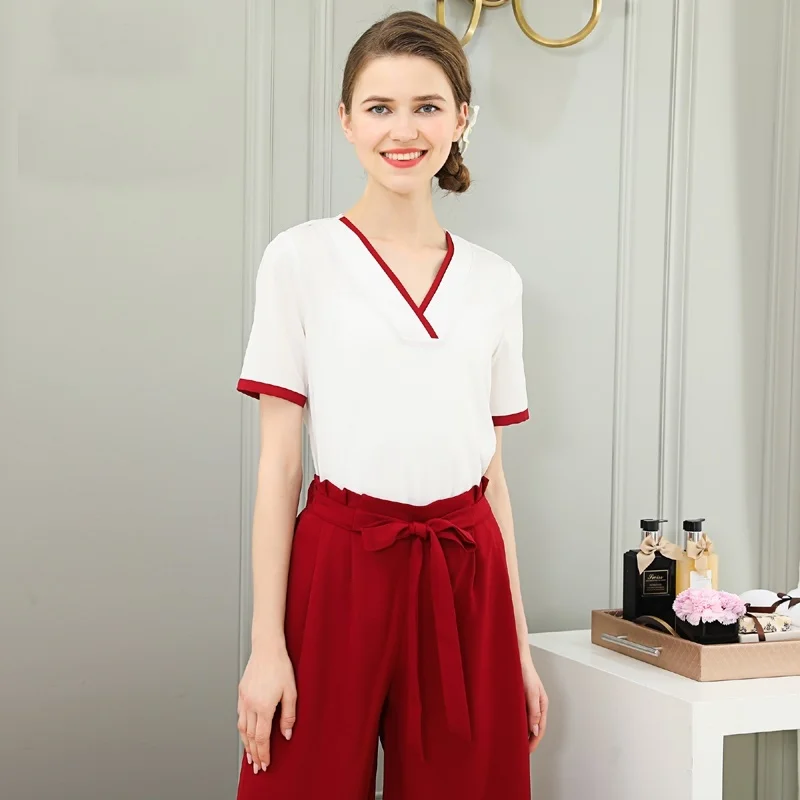 

Summer Beautician Uniform Spa Beauty Salon Uniform Short Sleeve Thai Massage Clothing Scrubs Medical Uniforms Women DD2201