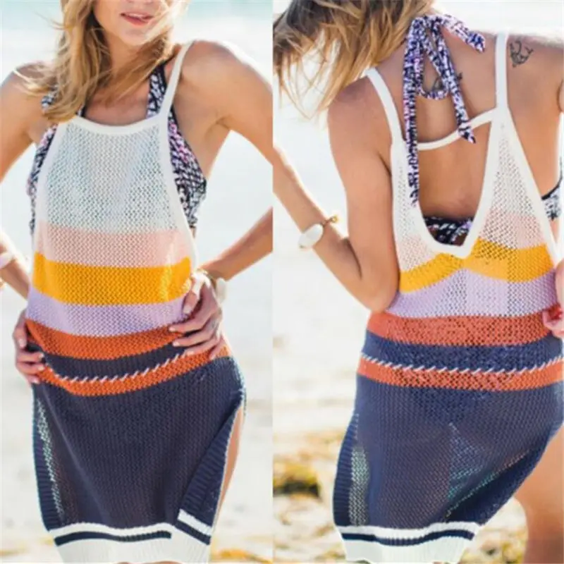

Striped Crochet Beach Cover up Knitted Beach Tunic Pareo Bathing suit cover ups Swim suit Cover up Sarong Beach dress #Q472