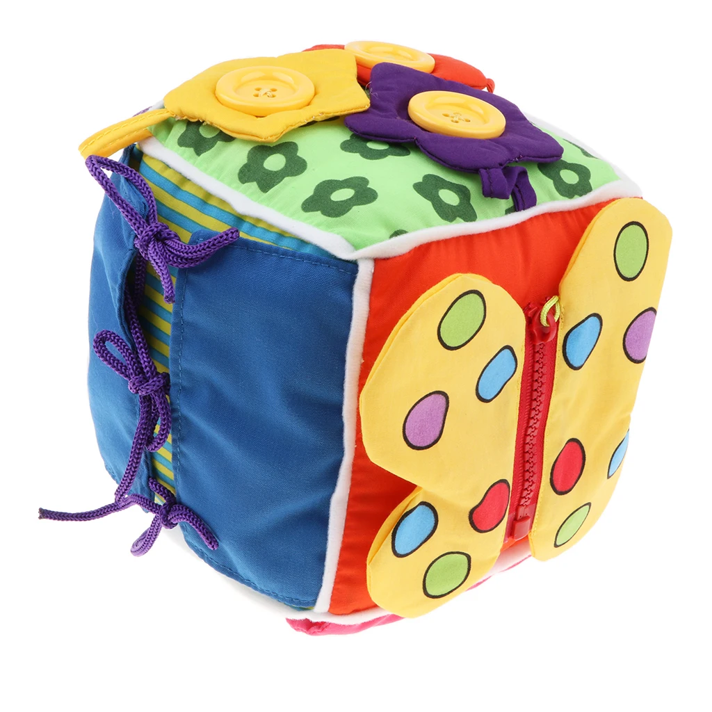 6 in 1 Soft Baby Cloth Cube , Learn to Dress for Babies Toddlers, Montessori Basic Life Skills Learning Toys Developmental Game