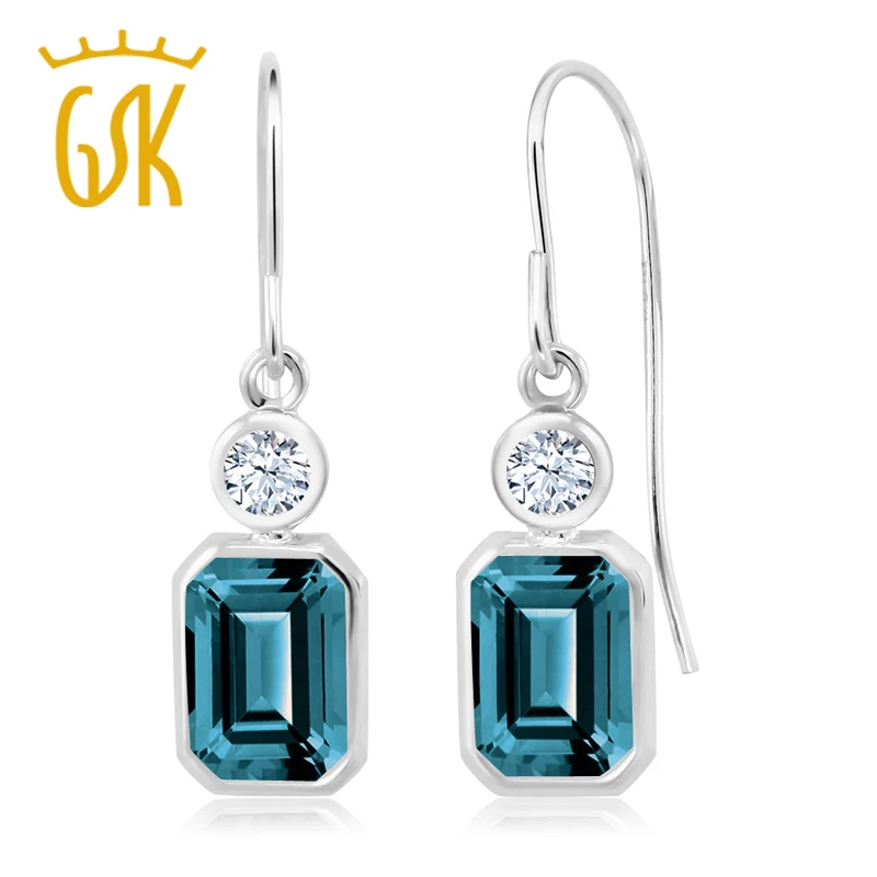 

GemStoneKing 925 Sterling Silver Gemstone Fine Jewelry 2.50 Ct Emerald Cut Natural London Blue Topaz Drop Earrings For Women