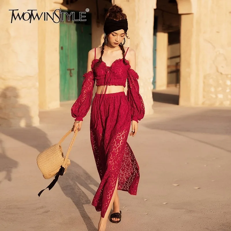 

TWOTWINSTYLE Vintage Hollow Out Women Set Strapless Off Shoulder Lantern Sleeve Tops Ankle-length Skirts Sets Female Fashion New