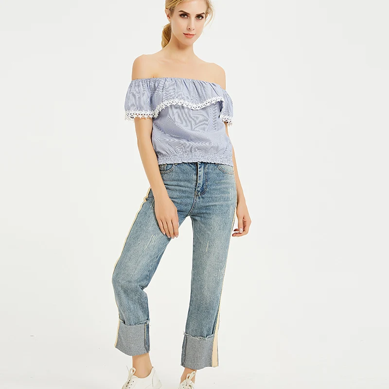 Women Blouses 2019 Streetwear Blue Slash Neck Ruffles Print Ladies Shirts Short Sleeve Women's Tops