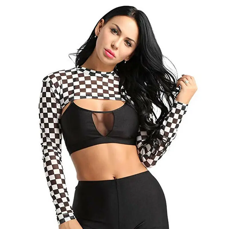 

Women Long Sleeve Casual Plaid O-Neck Workout Gym Sports Crop Vest T-Shirt Stretchy Clubwear Bodycon Playsuit S M L XL