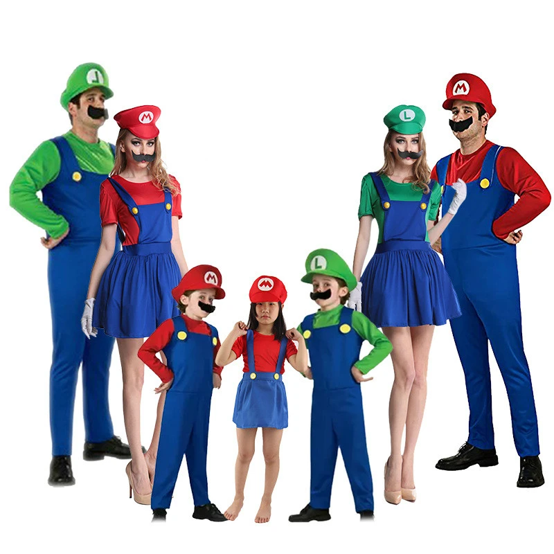 Kids Super Mario Luigi Bros Fancy Dress Costume Cosplay Mens Womens Outfit Set