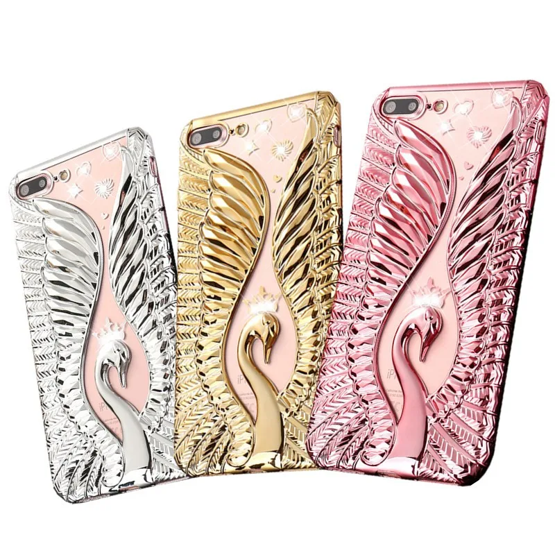 Diamond Texture Case For iPhone 6 6s 7 8 Plus Emboss Soft mobile Phone Cover for 5 5s 5SE plating couple coque Swan |