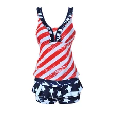 2016 Summer Women swimsuits Stripes Stars Print Two Piece Sexy Girl swimwear Tankini Vintage womens tank top + Shorts Beach suit