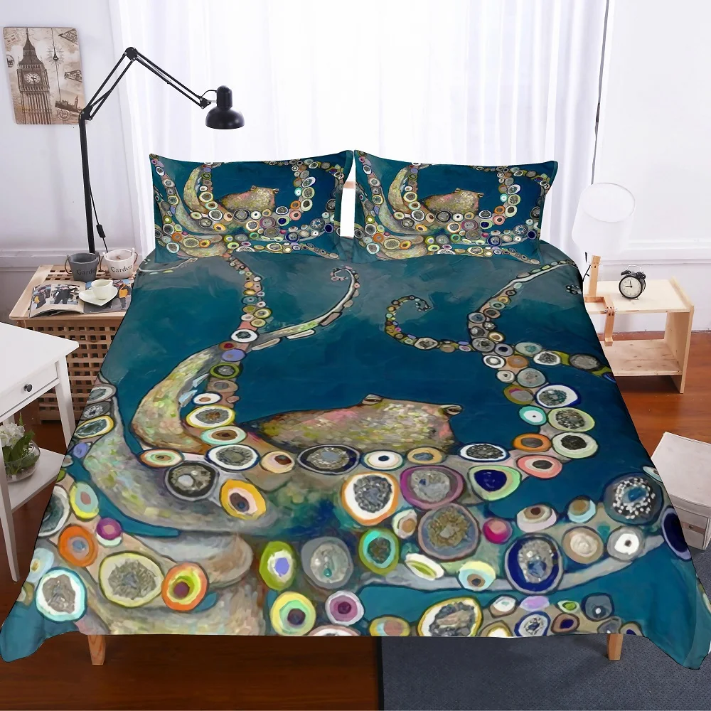 

3D Print Colorful Octopus Tentacles Blue Girl Bedding Duvet Cover Set 3 Piece (1 Duvet Cover 2 Pillow Sham)Family Bed Linen Set