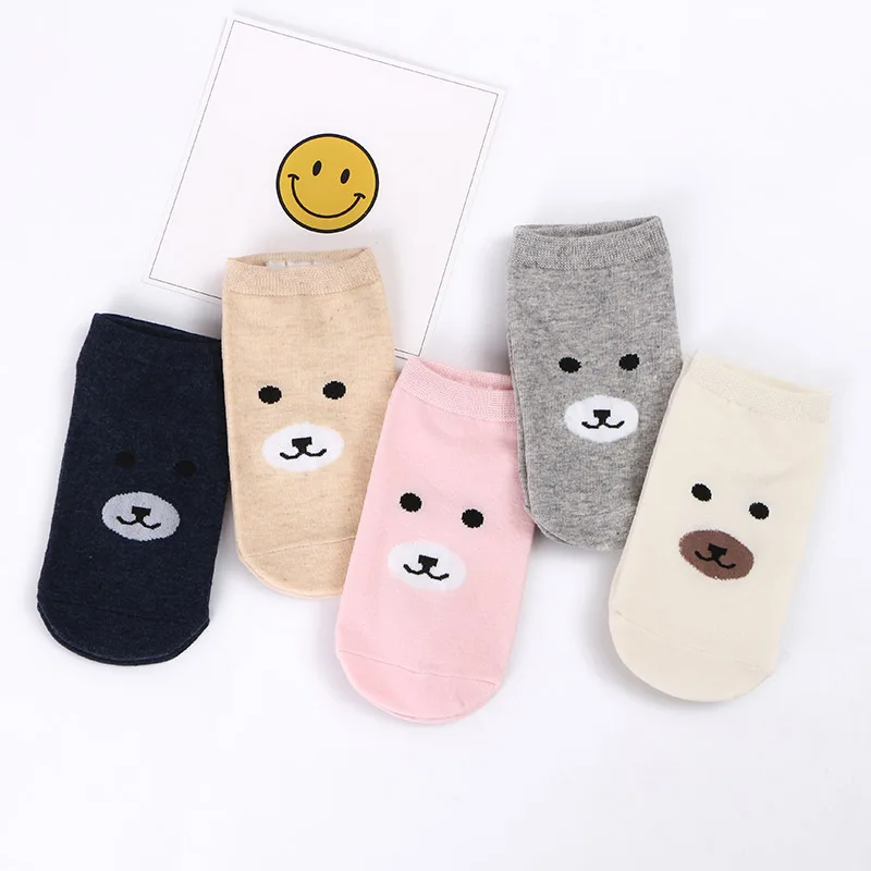 5 пар, женские летние Короткие Носки с рисунком медведя, Нескользящие шлепанцы невидимые носки по щиколотку, силиконовые хлопковые стелс-носки, Тапочки - Цвет: 5 Color Mix