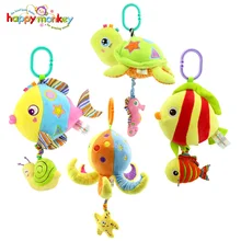 Happy Monkey Marine Animals Melody Pure Musical Rope Pull String Baby Rattle Soft Plush Ring Bell Doll Baby Bed Crib Hanging Toy