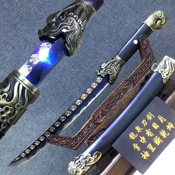

Handmade Chinese KungFu Dragon Dao Sword Strong High Manganese Steel Blue Blade Sharp Outdoors Hunting Fighting Knife