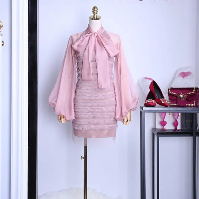 

2019 Luxury Style Spring Autumn Women Lantern Sleeves Bow Design Patchwork A line Dress Female Party Dresses Vestido