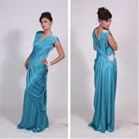 2013 Babyonline Popular Cap Sleeves V Neck Blue Satin Ruched Lebanon Arabic Dubai Evening Dresses Long Floor Length ED833