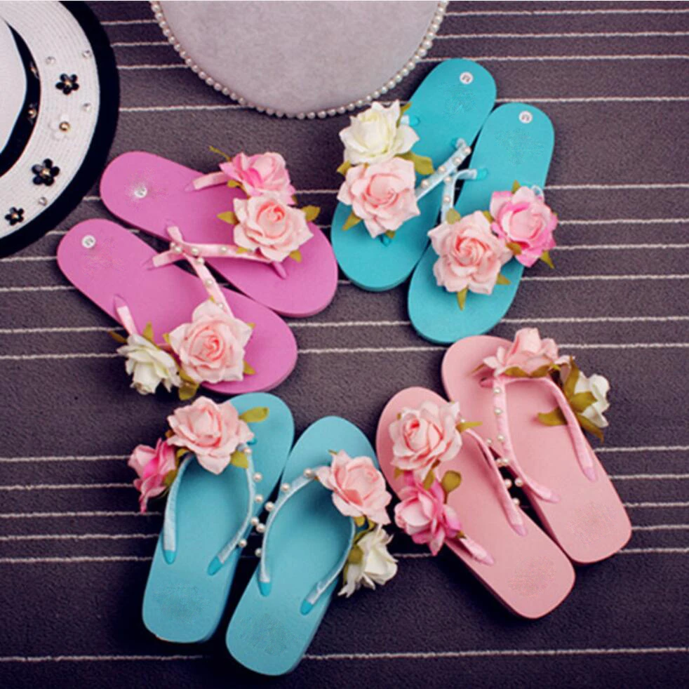 كوريا الجنوبية الأصل تصميم زهرة سيدة sashion النعال شاطئ الصنادل الإناث شقة أحذية الصيف الأحذية النسائية