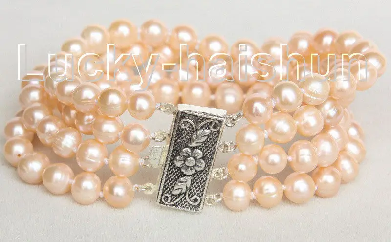 

shipping8" 4 Strand 8mm pink FW pearls bracelet 925 silver clasp j10683 5.25